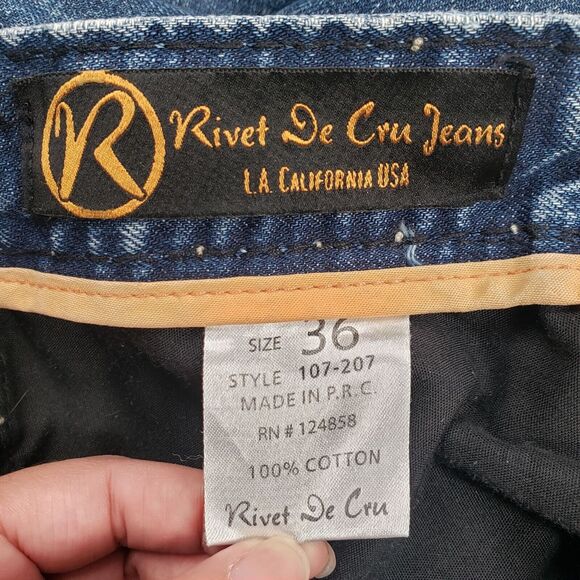 Rivet De Cru Jeans Mens 38 Blue Denim Straight Leg Button Fly Distressed Grunge - Picture 13 of 16